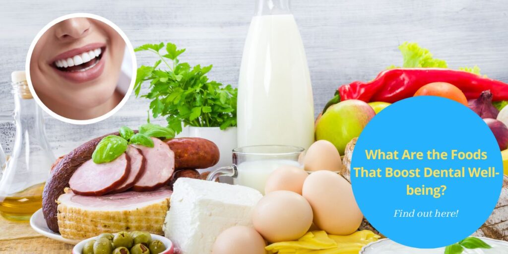 Tooth-friendly foods including milk, eggs, cheese, fruit and vegetables